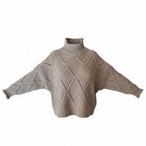 Made in Italy Beige Diamond Cable Knit Turtleneck Batwing Sweater — One Size S/M